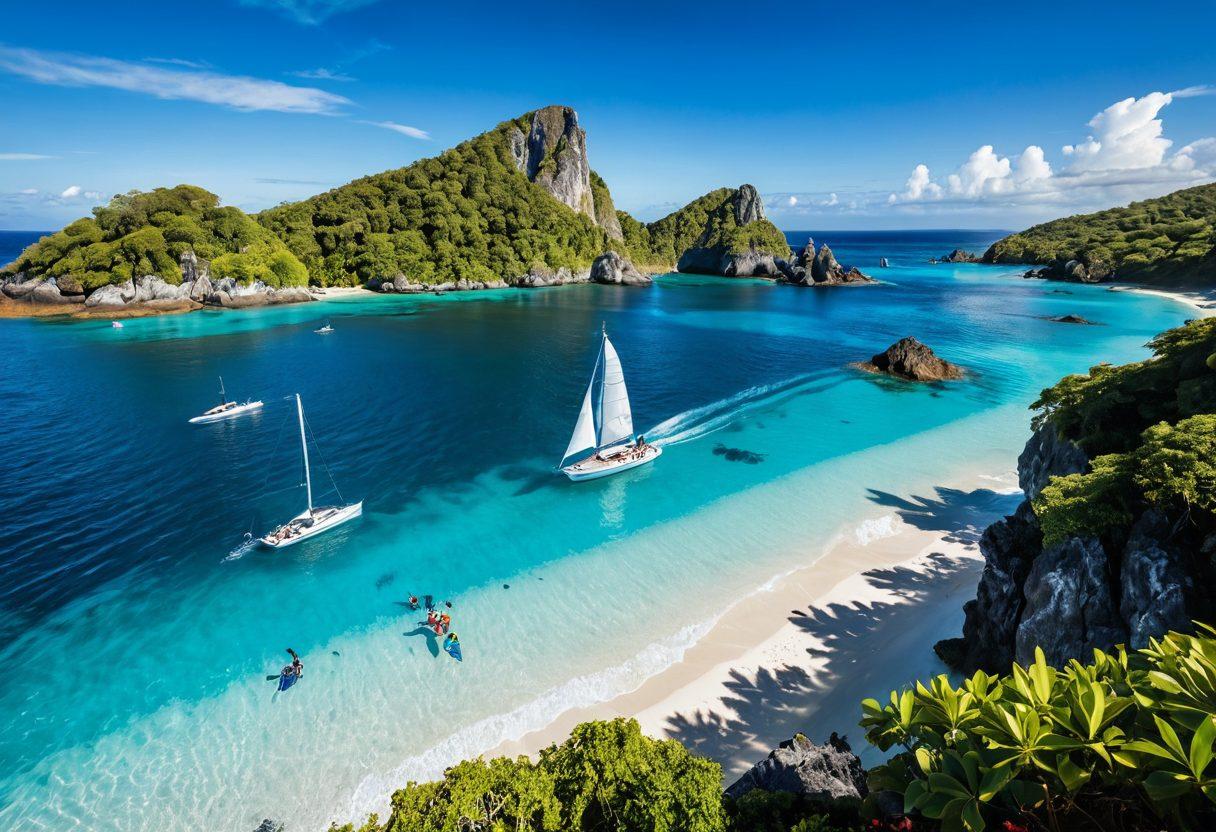 A luxurious yacht sailing through crystal-clear blue waters under a bright sun, surrounded by tropical islands. In the foreground, a cheerful family enjoying the serenity of their adventure, with surfboards and snorkeling gear visible. The background features a detailed insurance policy document floating gently on the waves, symbolizing protection amidst adventure. Bright colors and a sense of freedom and tranquility enhance the scene. super-realistic. vibrant colors. sunny atmosphere.