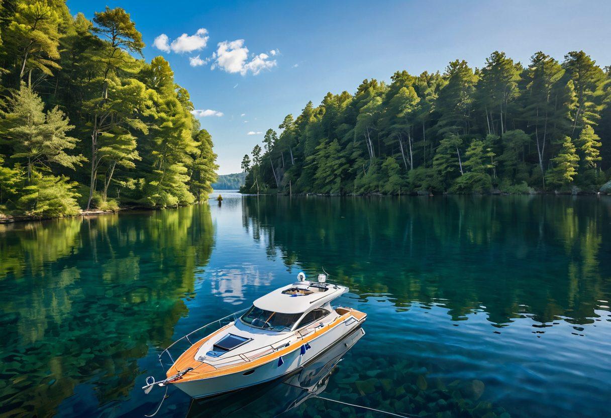 A serene lakescape featuring a luxurious yacht alongside a practical fishing boat, both protected by vibrant tarps under a bright blue sky. Include elements of adventure like a paddleboard and colorful life jackets on the shore, capturing a balance of elegance and functionality. Soft sunlight reflecting off the water enhances the tranquil atmosphere. vibrant colors. super-realistic.