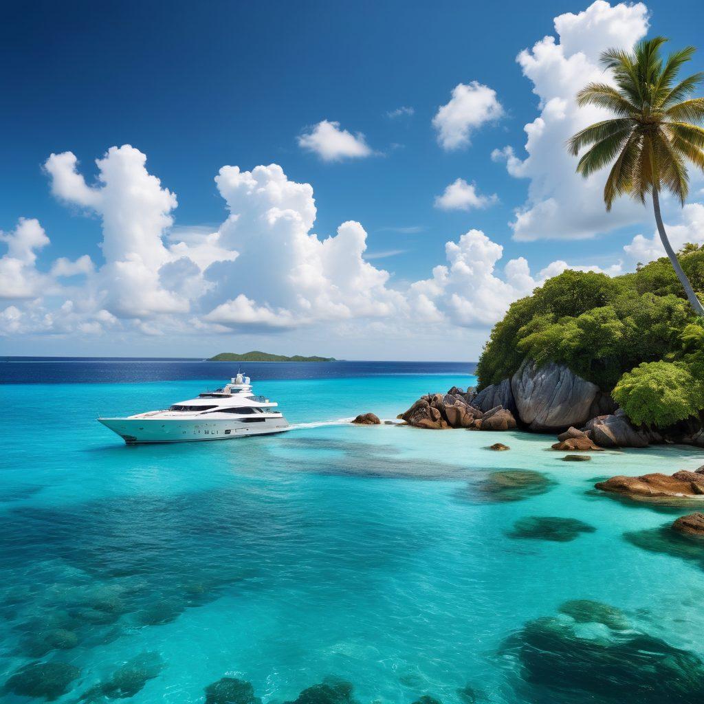 A serene ocean view with a luxury yacht peacefully sailing on crystal-clear waters, surrounded by lush, tropical islands. In the foreground, a light-filled infographic highlighting essential yacht coverage options, with icons representing insurance policies, safety gear, and nautical maps. The sky is bright with fluffy clouds, creating a sense of freedom and adventure. super-realistic. vibrant colors.